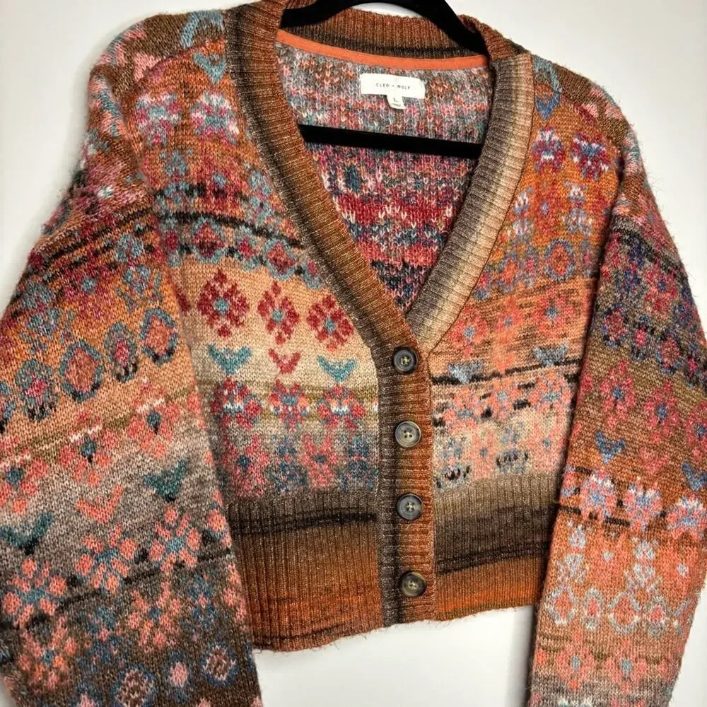 Cleo + Wolf Multicolor cropped fuzzy Knit Cardigan Sweater women’s size large - Picture 4 of 8